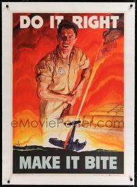 9g014 DO IT RIGHT MAKE IT BITE linen 28x41 WWII war poster '42 Beall art of crashed plane & worker!