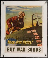 9g016 KEEP HIM FLYING linen 22x28 WWII war poster '43 great art of U.S. pilot by Georges Schreiber!