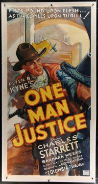 9h137 ONE MAN JUSTICE linen 3sh '37 cool art of cowboy Charles Starrett, fist pound upon flesh!