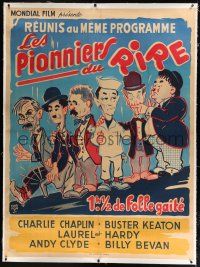 9h107 PIONEERS OF LAUGHTER linen French 1p 1961 art of Chaplin, Keaton, AND Laurel & Hardy together!
