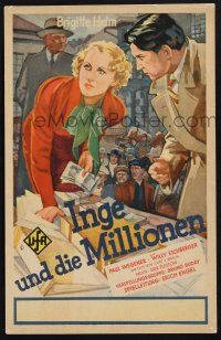 9h239 INGE UND DIE MILLIONEN German WC '33 great art of of Brigitte Helm & Willy Eichberger w/cash!