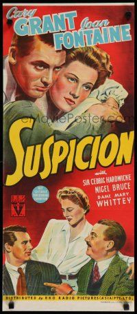 9j251 SUSPICION Aust daybill '41 Alfred Hitchcock, different art of Cary Grant & Joan Fontaine!