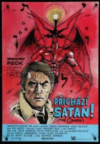 9j473 OMEN Czech 23x33 '76 cool completely different Saudek art of Gregory Peck & demon!