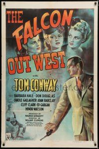 9j087 FALCON OUT WEST style A 1sh '44 art of Tom Conway as The Falcon with three sexy suspects!