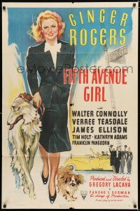 9j088 FIFTH AVENUE GIRL 1sh '39 wonderful full-length art of beautiful Ginger Rogers with dogs!