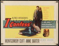 9j016 I CONFESS 1/2sh '53 Alfred Hitchcock, art of Montgomery Clift standing over Anne Baxter!