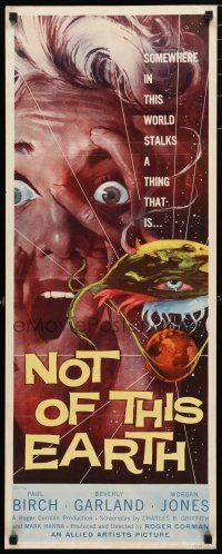 9j004 NOT OF THIS EARTH insert '57 classic close up art of screaming girl & alien monster!