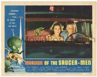 9j168 INVASION OF THE SAUCER MEN LC #6 '57 best image of alien hand reaching for couple in car!