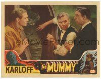 9j182 MUMMY LC #6 R51 Sloan, Byron & Fletcher examine bandaged monster Boris Karloff in sarcophagus!