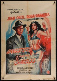 9j260 GANGSTERS CONTRA CHARROS Mexican poster '48 cool art of sexy half-naked woman & crook!