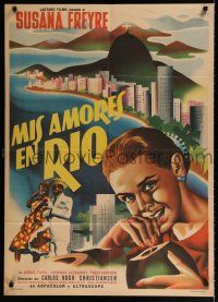 9j262 THREE LOVES IN RIO Mexican poster '59 Mendoza art of pretty woman over Rio De Janeiro!