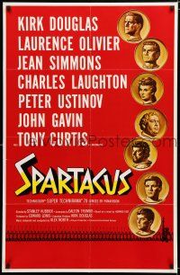 9j097 SPARTACUS 1sh '61 classic Stanley Kubrick, cool art of top cast on gold coins!