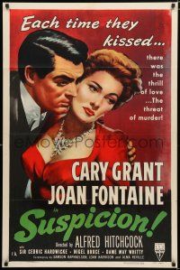 9j098 SUSPICION 1sh R53 Alfred Hitchcock, art of Cary Grant & Joan Fontaine in embrace!