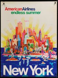 9j049 AMERICAN AIRLINES NEW YORK travel poster '70s colorful Bertschmann art of the city & harbor!