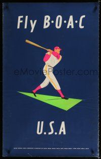 9j065 BOAC USA English travel poster '53 Aldo Cosomati art of baseball player swinging bat!