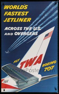 9j053 FLY TWA BOEING 707 travel poster '50s cool artwork of the world's fastest jetliner!
