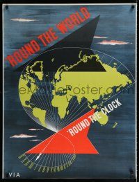 9j056 PAN AMERICAN 'ROUND THE WORLD 'ROUND THE CLOCK travel poster '50s cool Loweree map art!