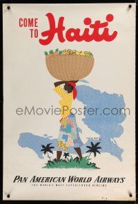 9j057 PAN AMERICAN WORLD AIRWAYS HAITI travel poster '50s Lafond art of woman w/ basket on head!
