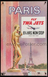 9j060 TWA PARIS travel poster '50s great David Klein art of golden statues & Eiffel Tower!