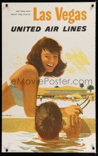 9j062 UNITED AIR LINES LAS VEGAS travel poster '60s Galli art of man & woman swimming at resort!