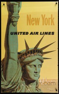 9j063 UNITED AIR LINES NEW YORK travel poster '50s Galli art of tourists in Statue of Liberty!