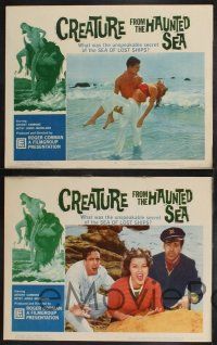 9j210 CREATURE FROM THE HAUNTED SEA 8 LCs '61 cool border art of huge sea monster & sexy girl!