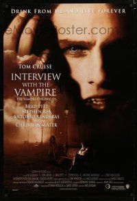 9m418 INTERVIEW WITH THE VAMPIRE advance DS 1sh '94 close up of fanged Tom Cruise, Anne Rice!
