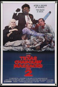 9m753 TEXAS CHAINSAW MASSACRE PART 2 family style 1sh '86 Tobe Hooper horror sequel, cast portrait!