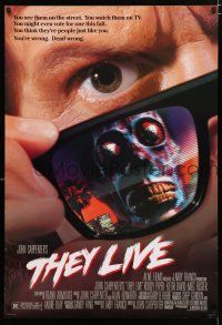 9m756 THEY LIVE DS 1sh '88 Rowdy Roddy Piper, John Carpenter, cool horror image!