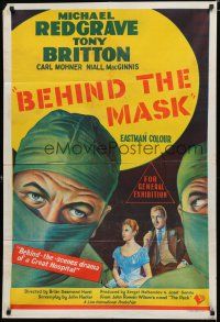 9r124 BEHIND THE MASK Aust 1sh '58 cool close up artwork of doctor Michael Redgrave!