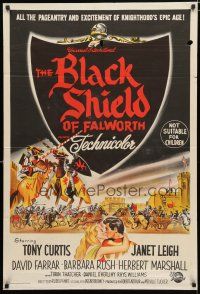9r128 BLACK SHIELD OF FALWORTH Aust 1sh '54 romantic art of Tony Curtis & Janet Leigh!
