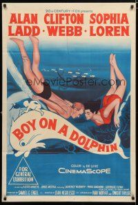 9r130 BOY ON A DOLPHIN Aust 1sh '57 art of Alan Ladd & sexiest Sophia Loren swimming underwater!