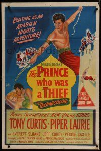 9r161 PRINCE WHO WAS A THIEF Aust 1sh '51 romantic art of Tony Curtis & pretty Piper Laurie!