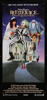 9r854 BEETLEJUICE Aust daybill '88 Tim Burton, art of Michael Keaton, Alec Baldwin & Geena Davis!