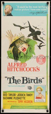 9r859 BIRDS Aust daybill '63 Alfred Hitchcock, Tippi Hedren, classic art of attacking avians!