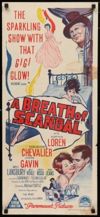 9r869 BREATH OF SCANDAL Aust daybill '60 art of sexiest Sophia Loren in bed, Maurice Chevalier!