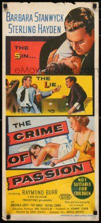9r886 CRIME OF PASSION Aust daybill '57 sexy Barbara Stanwyck ready to shoot Sterling Hayden!