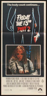 9r928 FRIDAY THE 13th PART II Aust daybill '81 Amy Steel with pitchfork in slasher horror sequel!