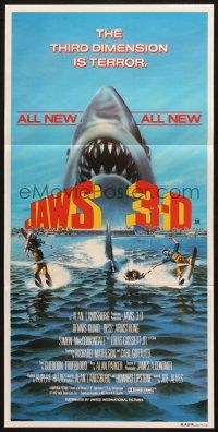 9r968 JAWS 3-D Aust daybill '83 Gary Meyer shark artwork, the third dimension is terror!