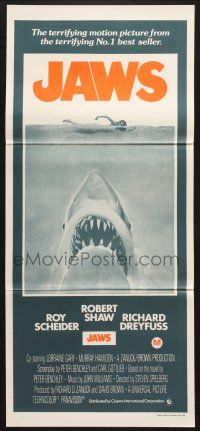 9r967 JAWS Aust daybill R70s art of Spielberg's classic man-eating shark attacking sexy swimmer!
