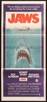 9r966 JAWS Aust daybill '75 art of Spielberg's classic man-eating shark attacking sexy swimmer!