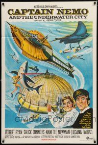 9r136 CAPTAIN NEMO & THE UNDERWATER CITY Aust 1sh '70 artwork of cast, scuba divers & cool ship!