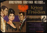 9r668 WAR & PEACE German 33x47 R60s art of Audrey Hepburn, Henry Fonda & Mel Ferrer, Tolstoy epic!