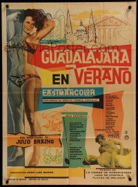 9r480 GUADALAJARA EN VERANO Mexican poster '65 full-length art of sexy woman in bikini!