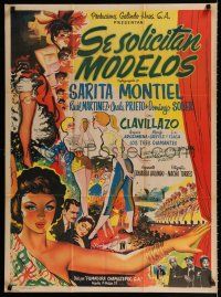 9r502 SE SOLICITAN MODELOS Mexican poster '54 Sara Montiel, Raul Martinez, colorful artwork!