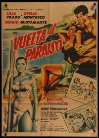 9r520 VUELTA AL PARAISO Mexican poster '60 Lilia Prado, Montesco, art of sexy people on beach!