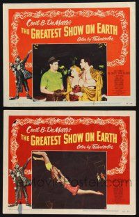9s890 GREATEST SHOW ON EARTH 2 LCs '52 DeMille circus classic, Charlton Heston, Wilde, Hutton!