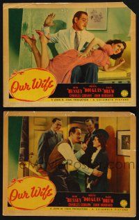 9s941 OUR WIFE 2 LCs '41 Melvyn Douglas spanking Ellen Drew, holding Ruth Hussey w/ Coburn!