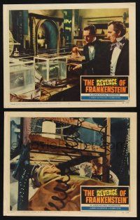 9s956 REVENGE OF FRANKENSTEIN 2 LCs '58 Hammer, Peter Cushing in lab with Francis Matthews, monster