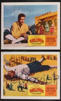 9s499 3 WORLDS OF GULLIVER 6 LCs '60 Ray Harryhausen, girl in pigtails looks at tiny Kerwin Mathews!